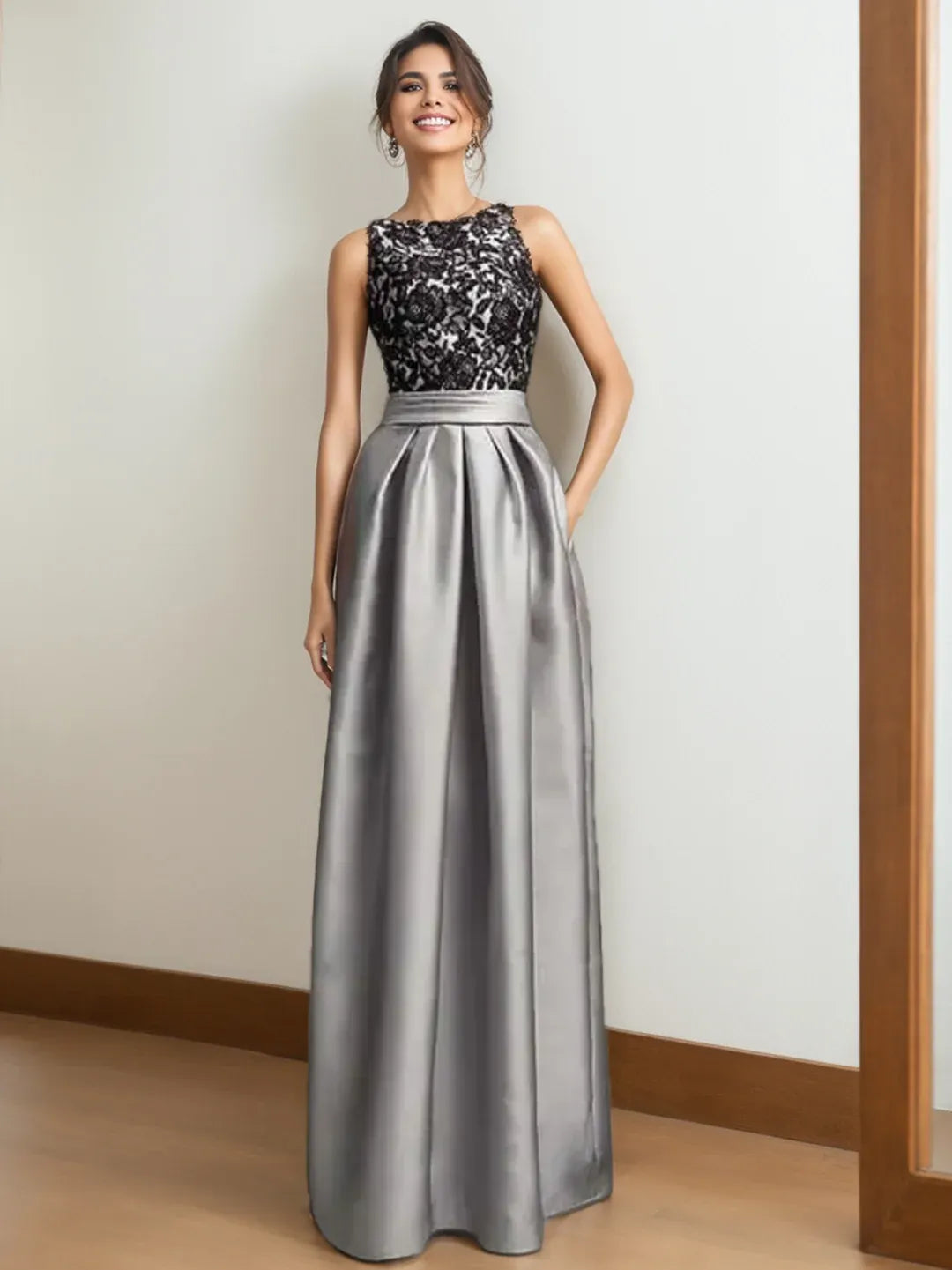 Loverlm silver gray A-line evening dress with black lace bodice