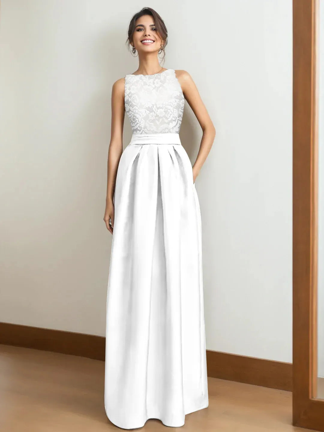 Elegant A-Line Jewel-Neck Sleeveless Deep-V-Back Floor-Length Lace Evening Dress