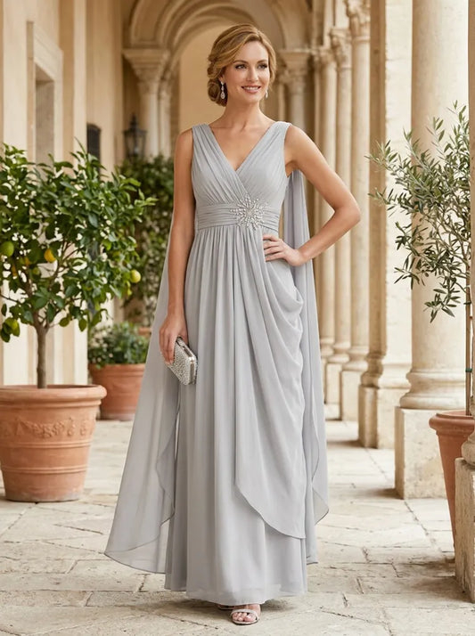 Loverlm silver gray Mother of the Bride dress with V-neck pleated bodice crystal waist cape panels and floor-length chiffon skirt