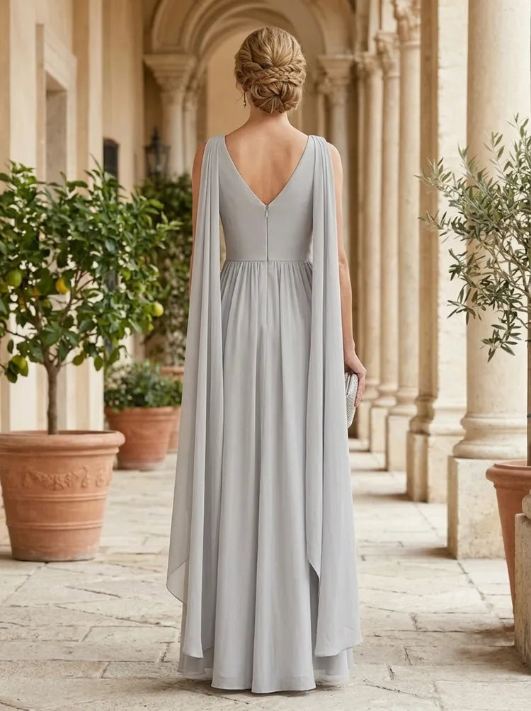 Elegant A-Line V-Neck Sleeveless Chiffon Cape Floor-Length Mother of the Bride Dress