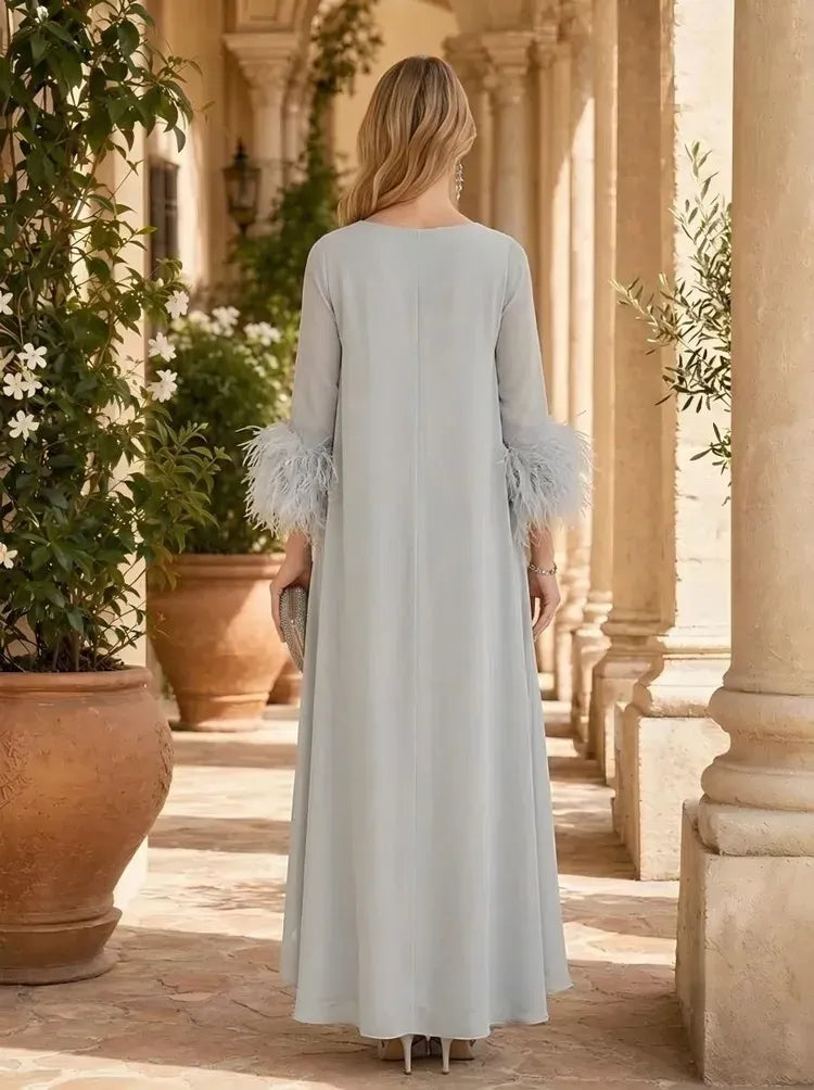 Elegant A-Line Bateau Neck Feather-Sleeve Closed-Back Floor-Length Mother of Bride Dress