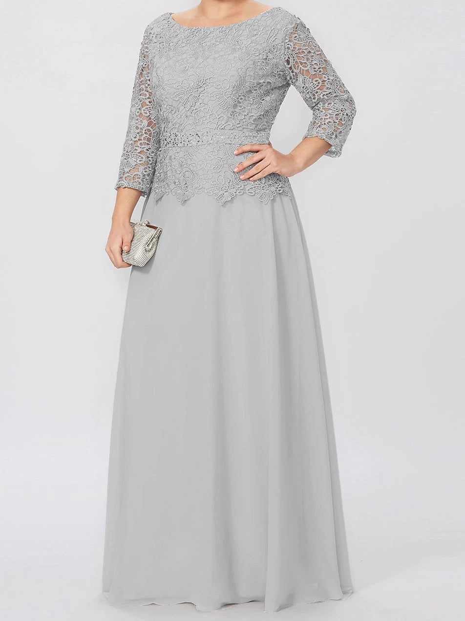 Elegant A-Line Scoop Neck Three Quarter Sleeve Zipper Back Floor Length Mother of the Bride Dress