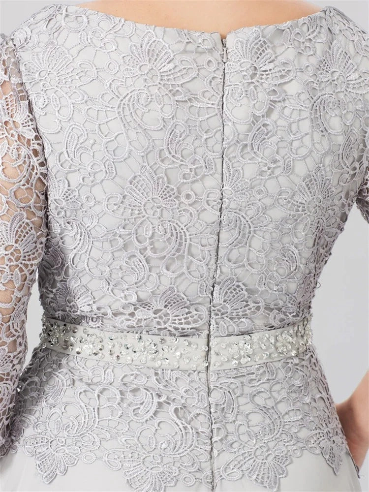 Elegant A-Line Scoop Neck Three Quarter Sleeve Zipper Back Floor Length Mother of the Bride Dress
