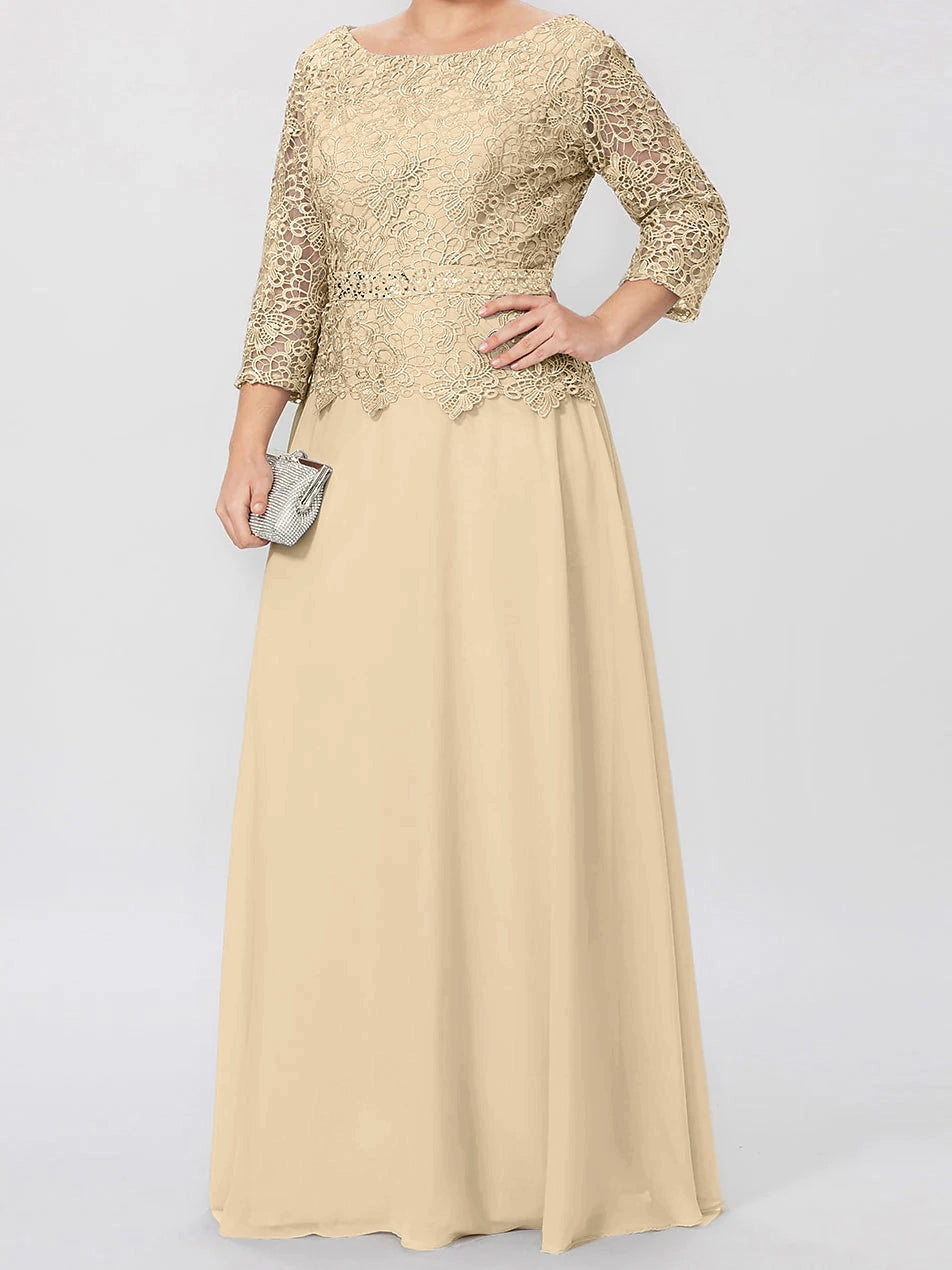 Elegant A-Line Scoop Neck Three Quarter Sleeve Zipper Back Floor Length Mother of the Bride Dress