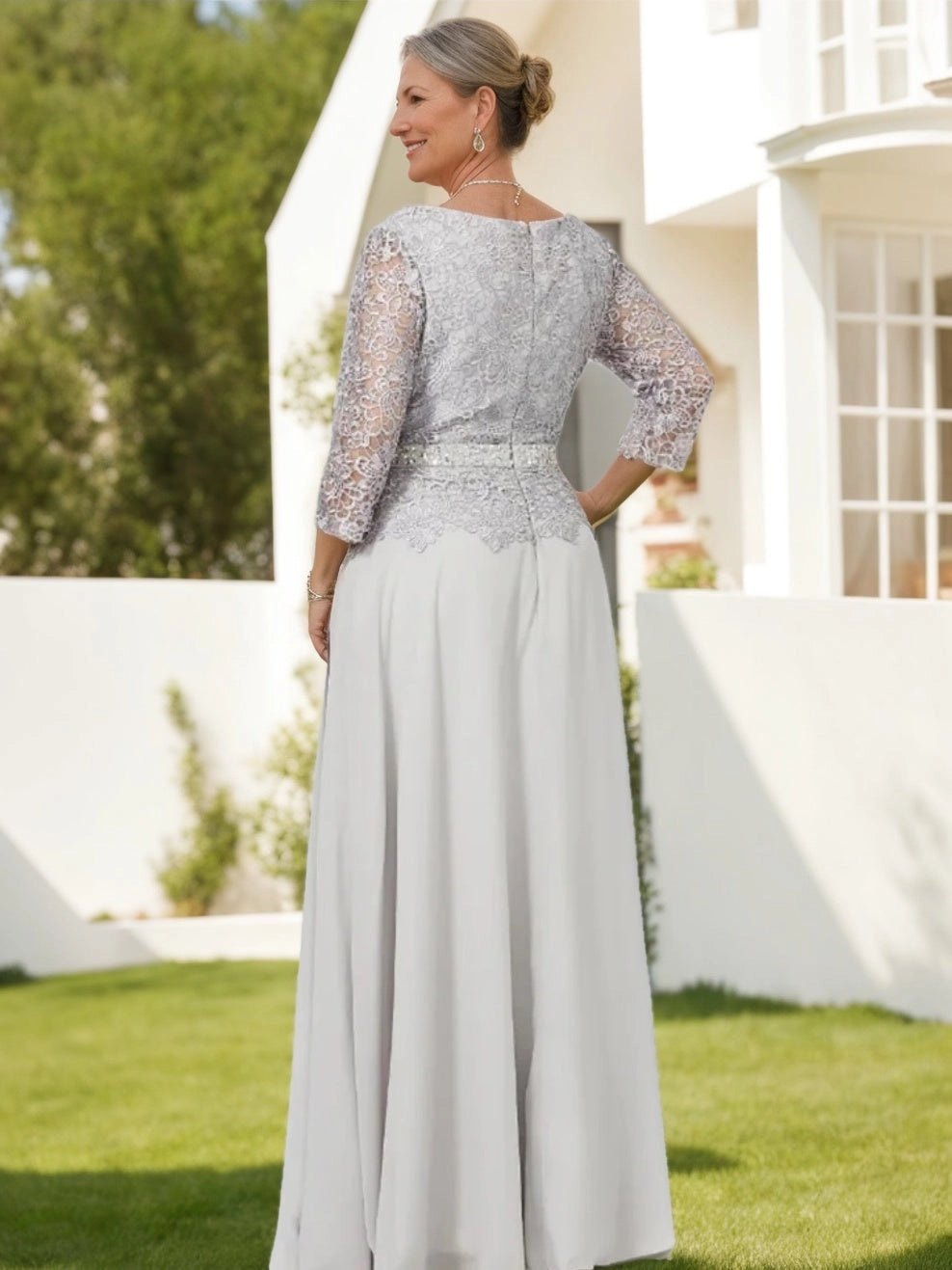 Elegant A-Line Scoop Neck Three Quarter Sleeve Zipper Back Floor Length Mother of the Bride Dress