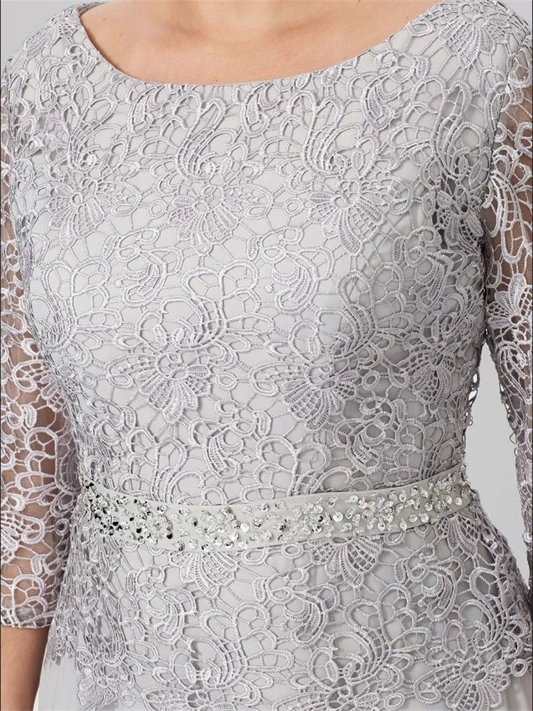 Elegant A-Line Scoop Neck Three Quarter Sleeve Zipper Back Floor Length Mother of the Bride Dress