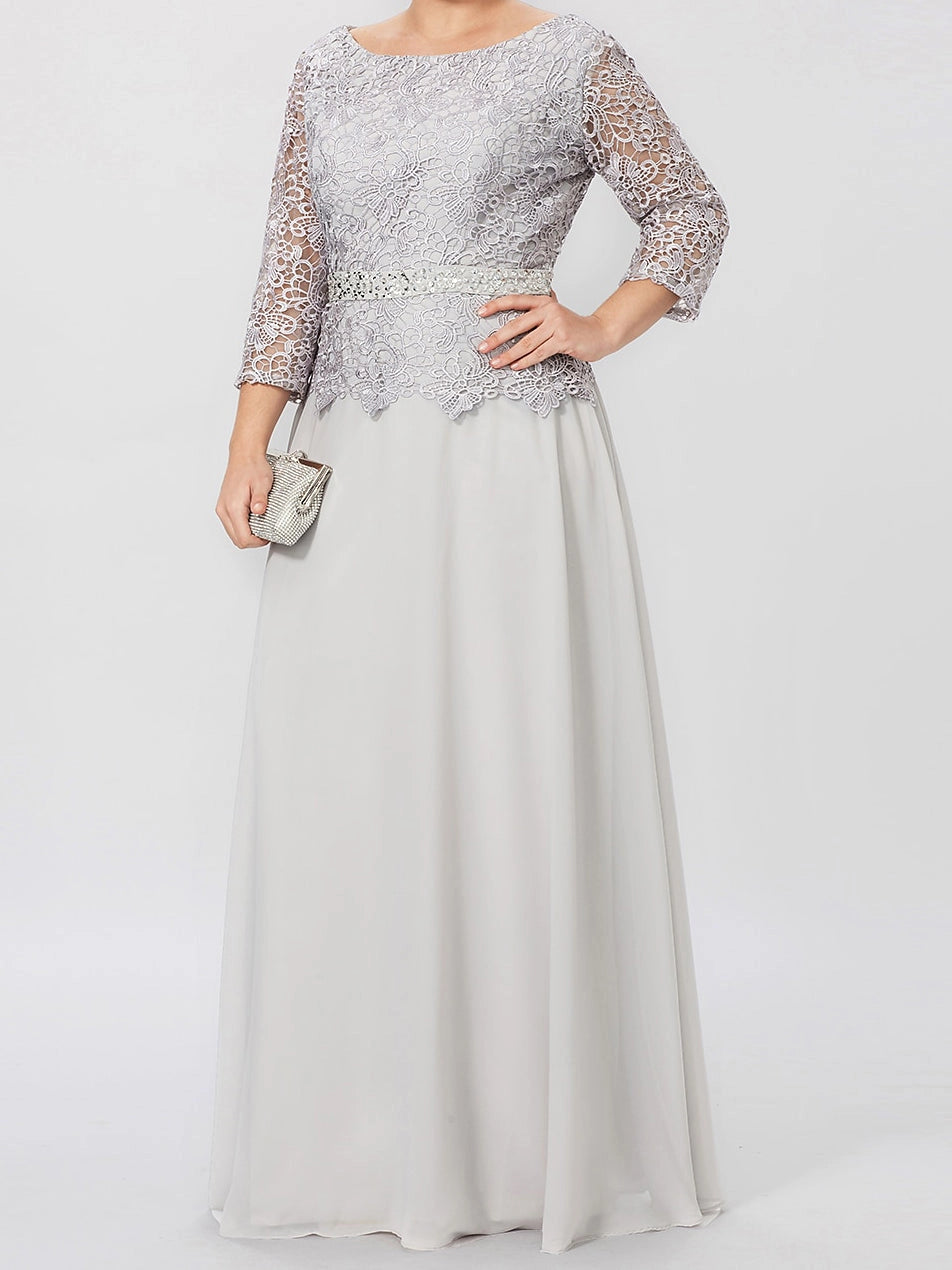 Elegant A-Line Scoop Neck Three Quarter Sleeve Zipper Back Floor Length Mother of the Bride Dress