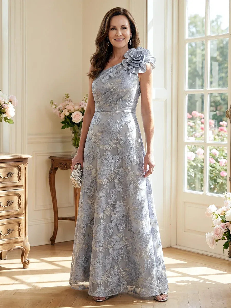Loverlm silver gray one shoulder mother of the bride dress front view with oversized 3D flower, pleated bodice and floor length A-line skirt