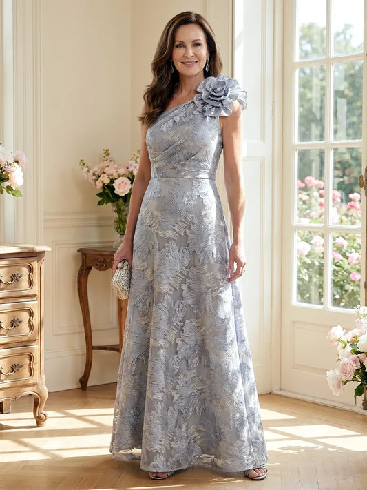 Loverlm silver gray one shoulder mother of the bride dress front view with oversized 3D flower, pleated bodice and floor length A-line skirt