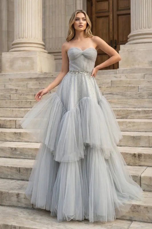 Loverlm silver gray tulle A-line prom dress with sweetheart bodice, beaded waist and tiered ruffle skirt front view