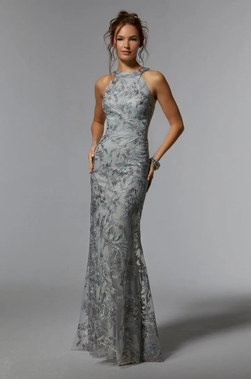 Loverlm silver halter neck embellished floor-length evening dress front view