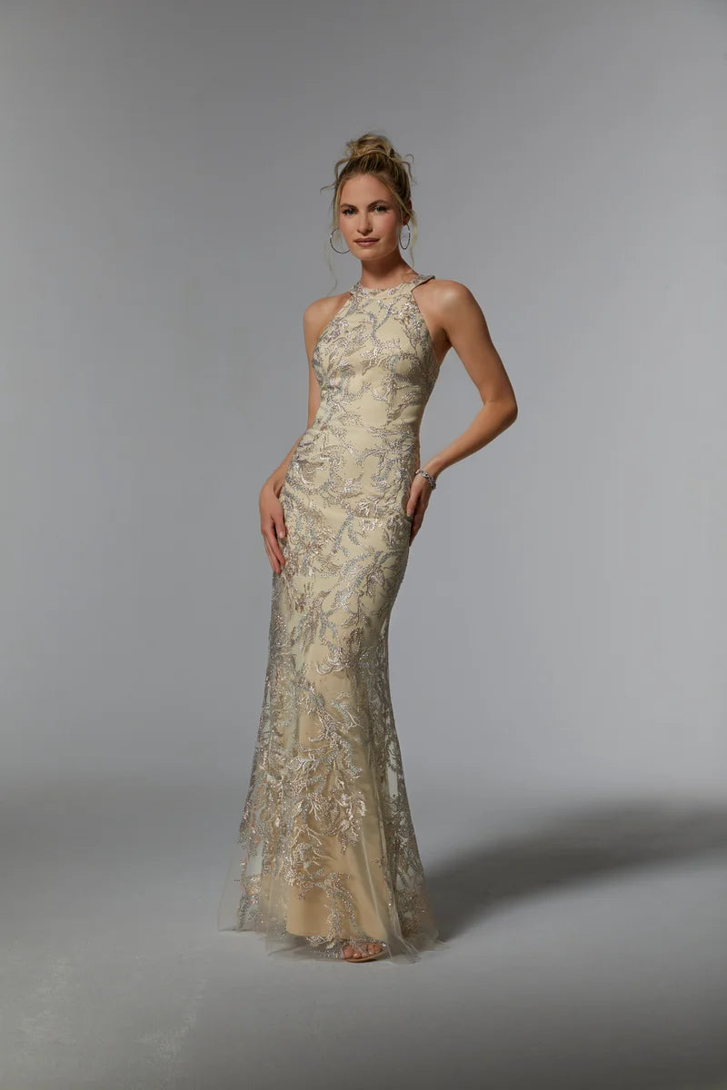 Elegant Sheath Halter Neck Sleeveless Illusion-Back Floor-Length Evening Dress