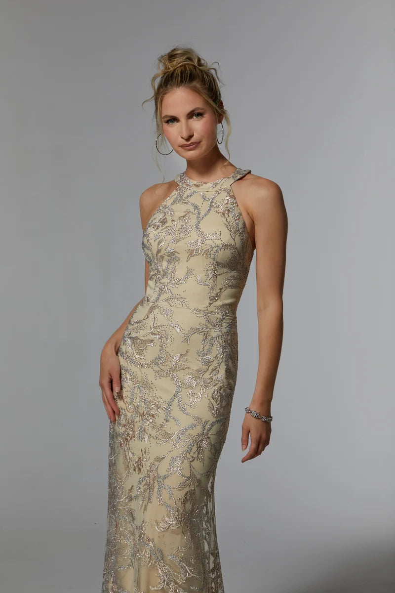 Elegant Sheath Halter Neck Sleeveless Illusion-Back Floor-Length Evening Dress