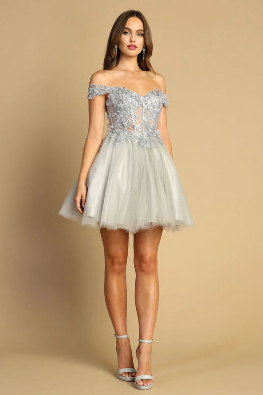 Loverlm silver off-shoulder lace applique tulle mini homecoming dress front view