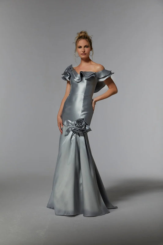 Loverlm silver gray mother of the bride dress with off-shoulder ruffles rosette detail and fitted floor-length mermaid silhouette