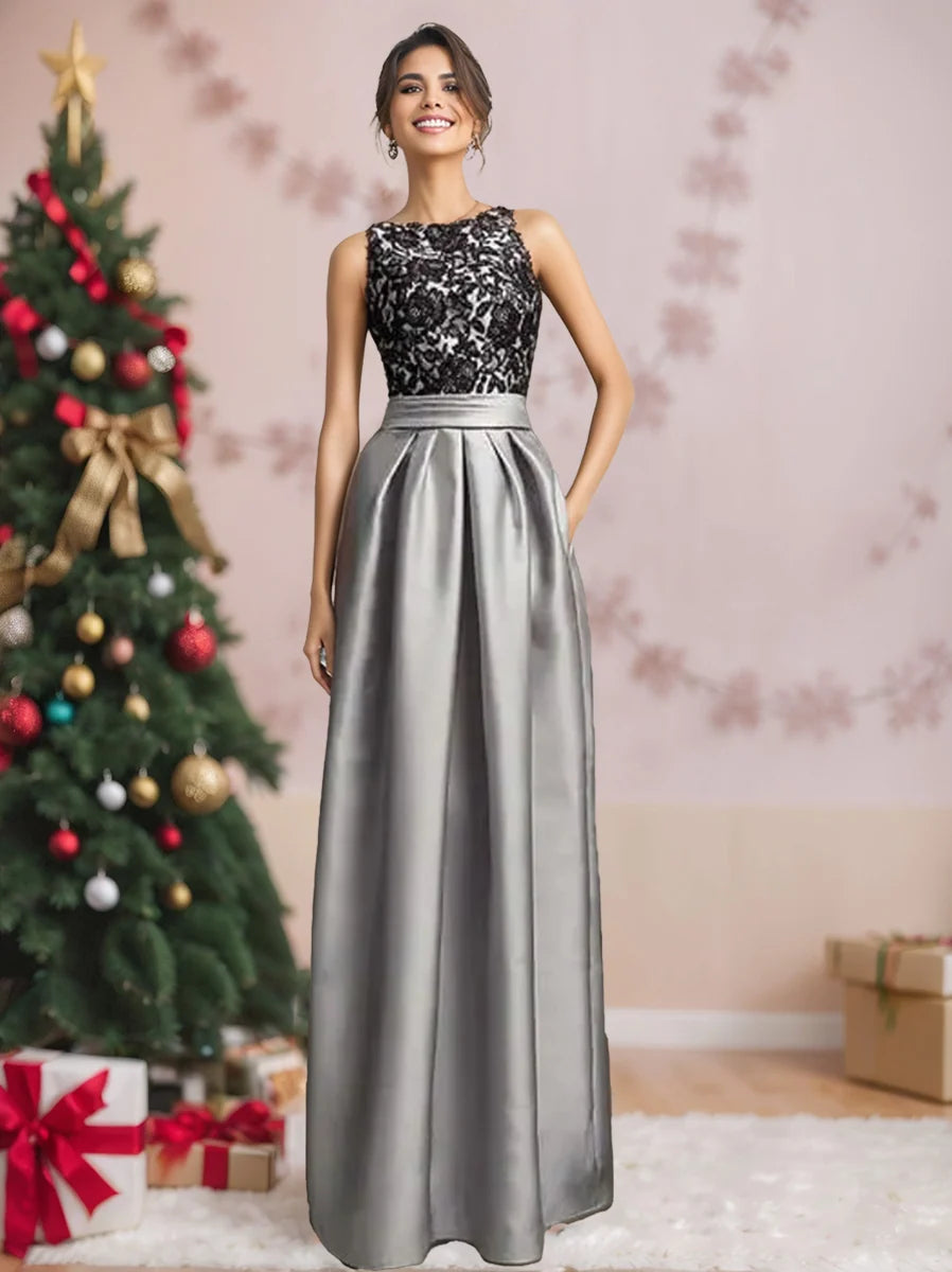 Elegant A Line Boat Neck Sleeveless Lace Satin Floor Length Evening Dress