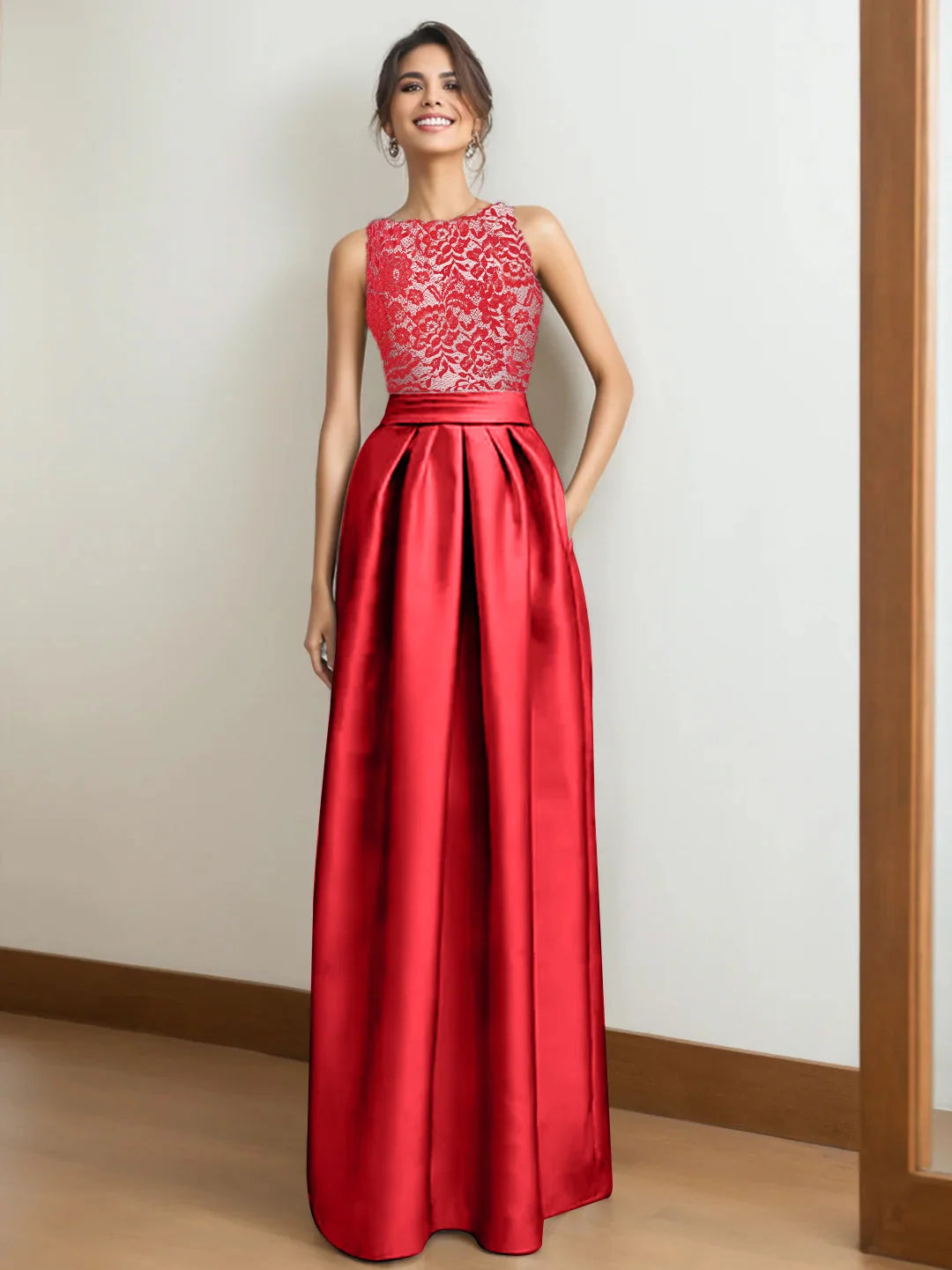 Elegant A Line Boat Neck Sleeveless Lace Satin Floor Length Evening Dress