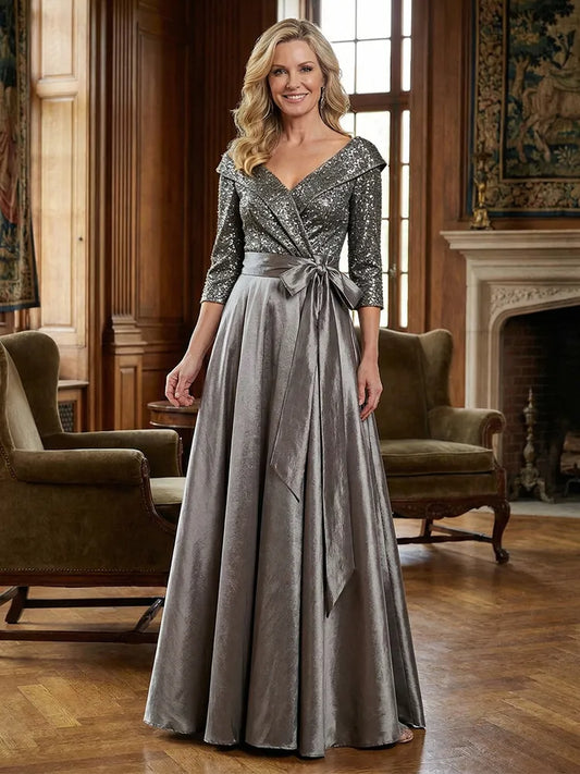 Loverlm silver gray Mother of the Bride dress with sequin off-shoulder bodice satin bow waist and floor-length A-line skirt