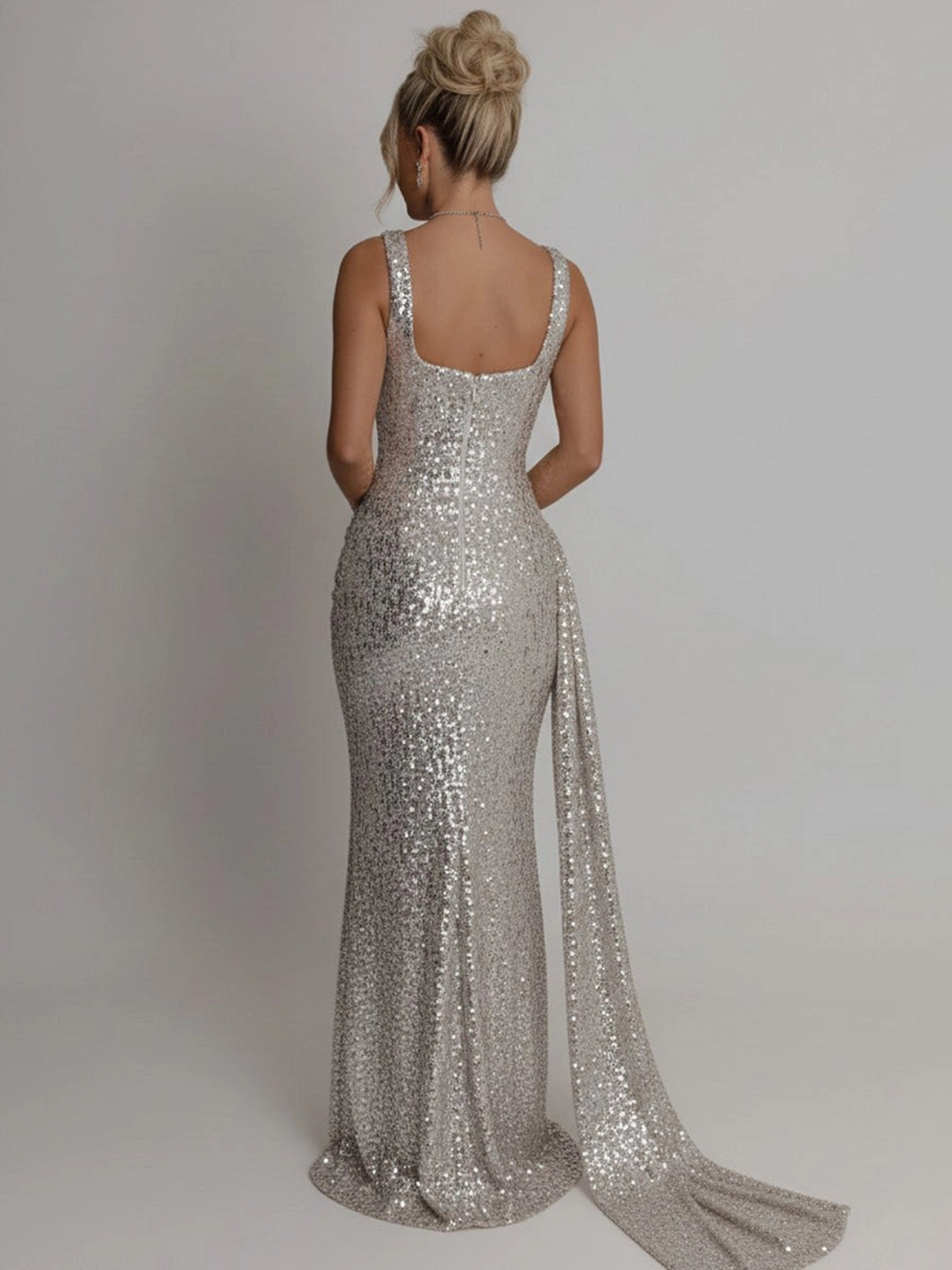 Glamorous Sheath Square Neck Sleeveless Zip Back Floor Length Prom Dress