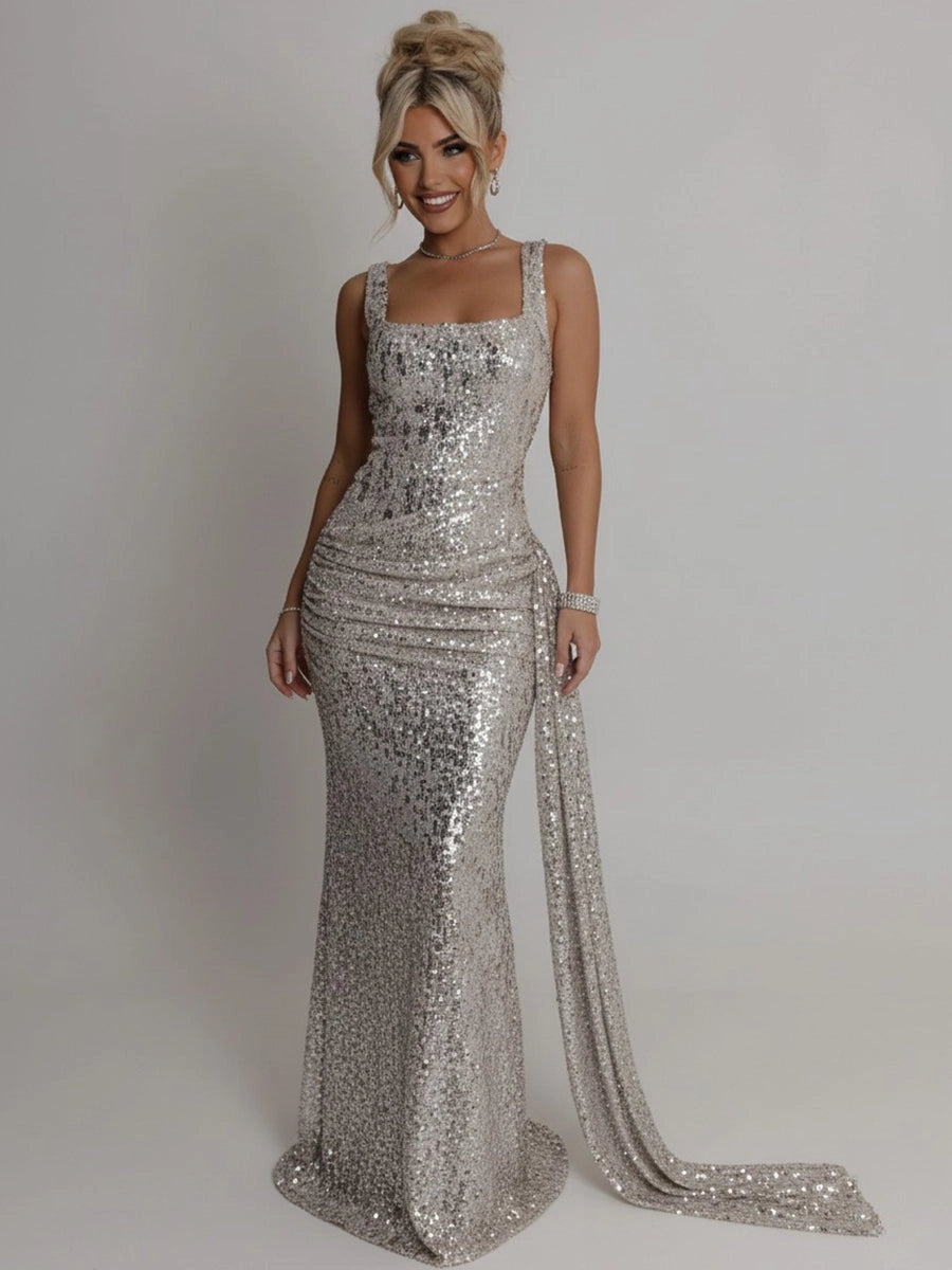 Glamorous Sheath Square Neck Sleeveless Zip Back Floor Length Prom Dress