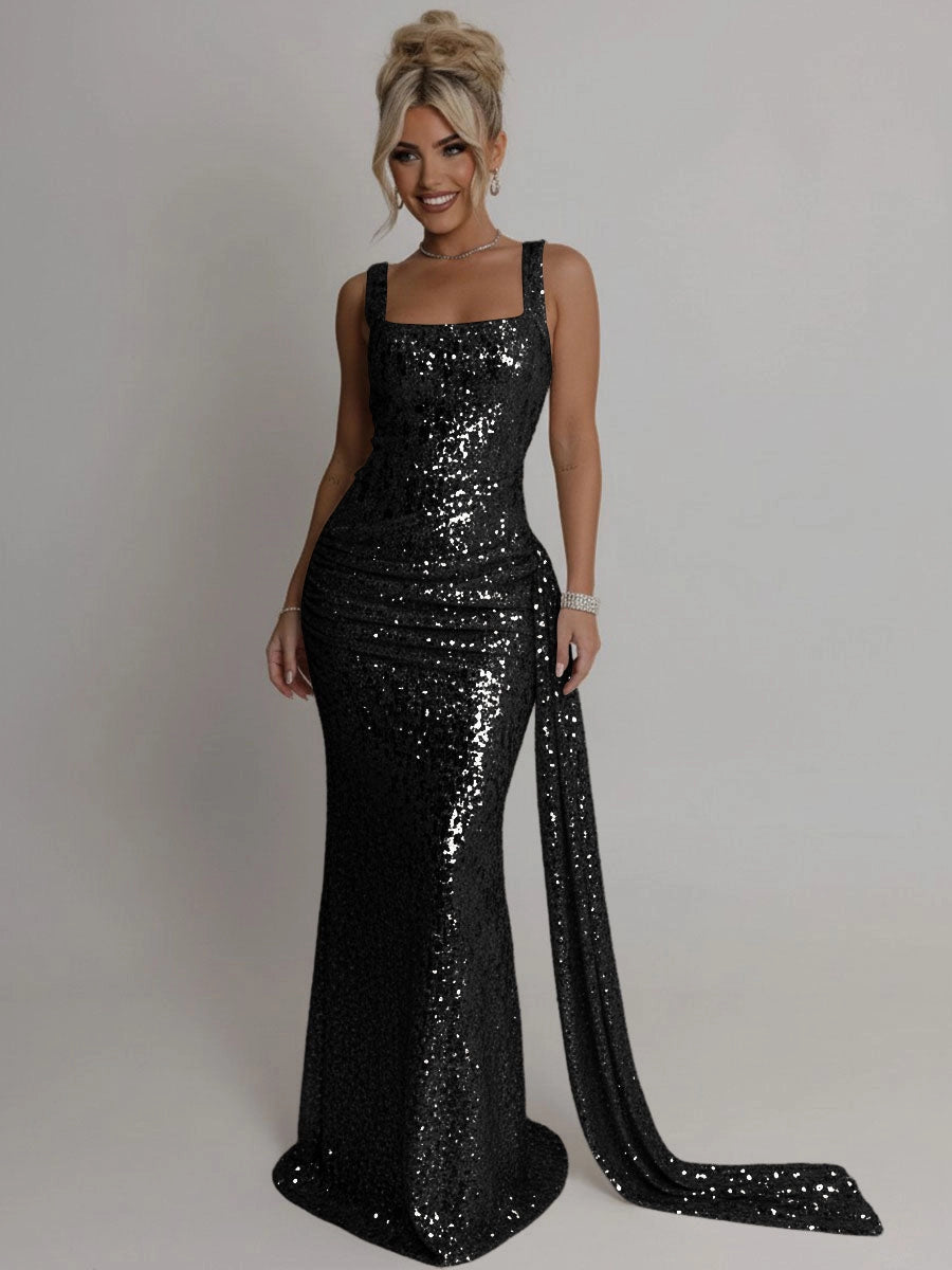 Glamorous Sheath Square Neck Sleeveless Zip Back Floor Length Prom Dress