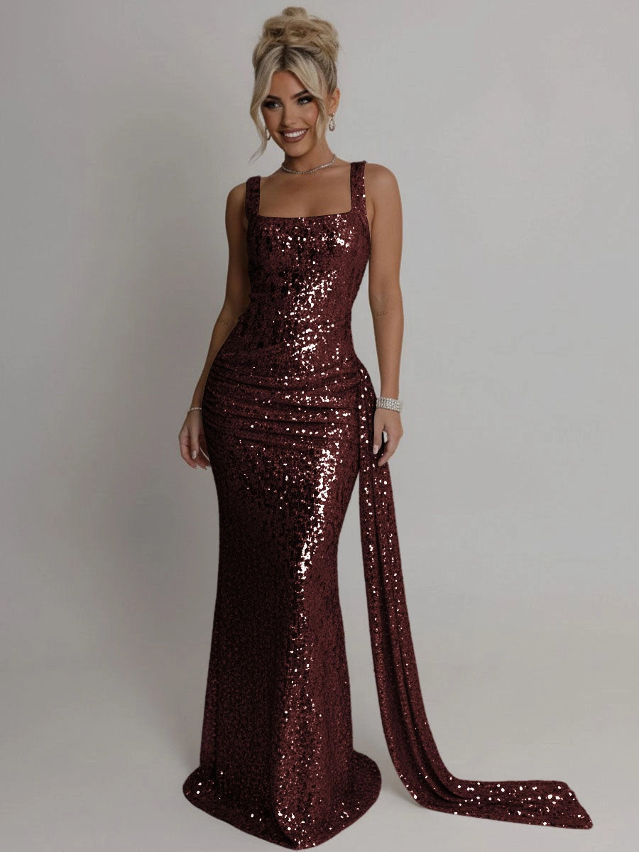 Glamorous Sheath Square Neck Sleeveless Zip Back Floor Length Prom Dress
