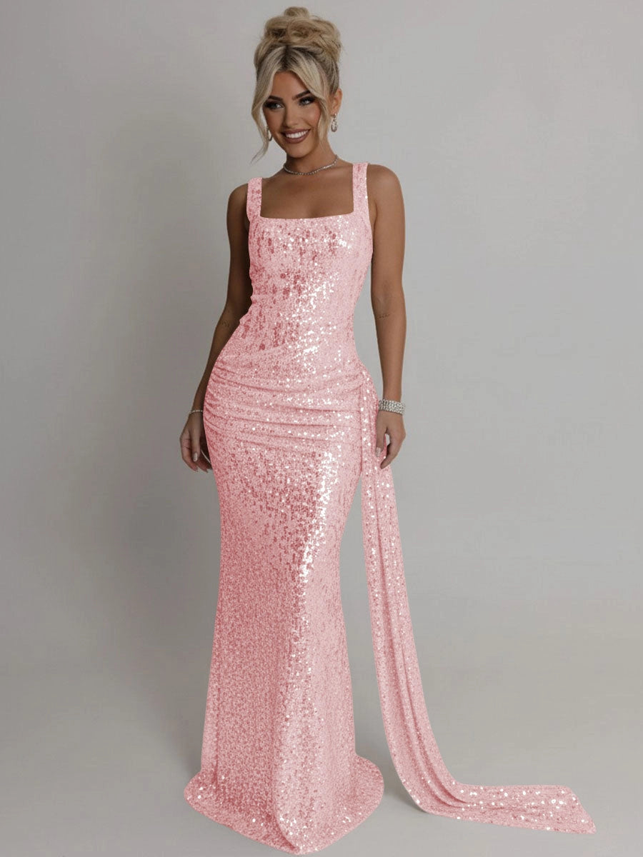 Glamorous Sheath Square Neck Sleeveless Zip Back Floor Length Prom Dress