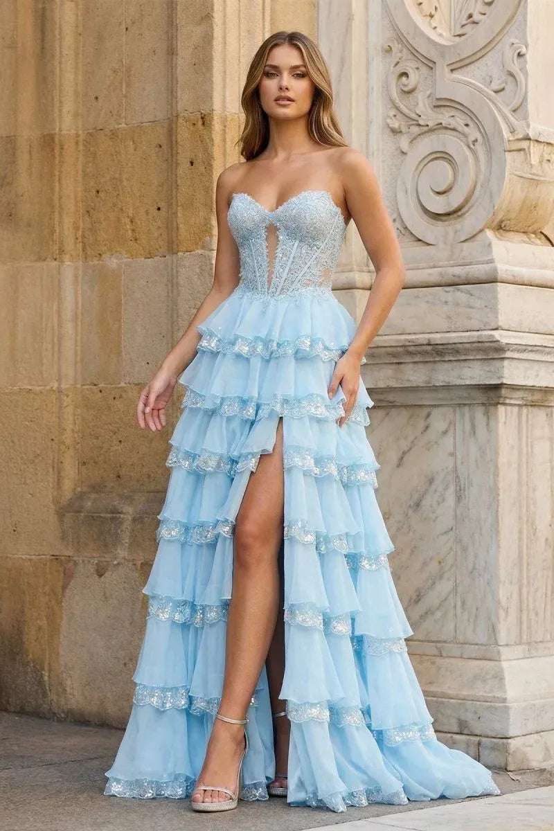 Loverlm sky blue tulle A-line prom dress with strapless sweetheart bodice, sequined lace, layered ruffles, and high slit