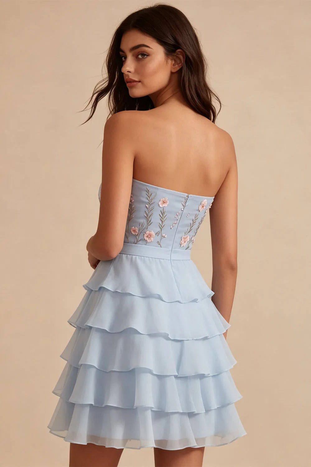 Romantic A-Line Strapless Sleeveless Zip Back Tiered Mini Homecoming Dress