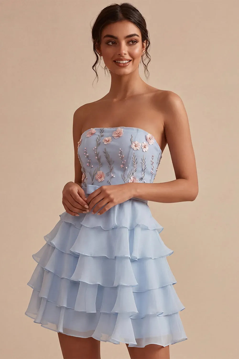 Romantic A-Line Strapless Sleeveless Zip Back Tiered Mini Homecoming Dress