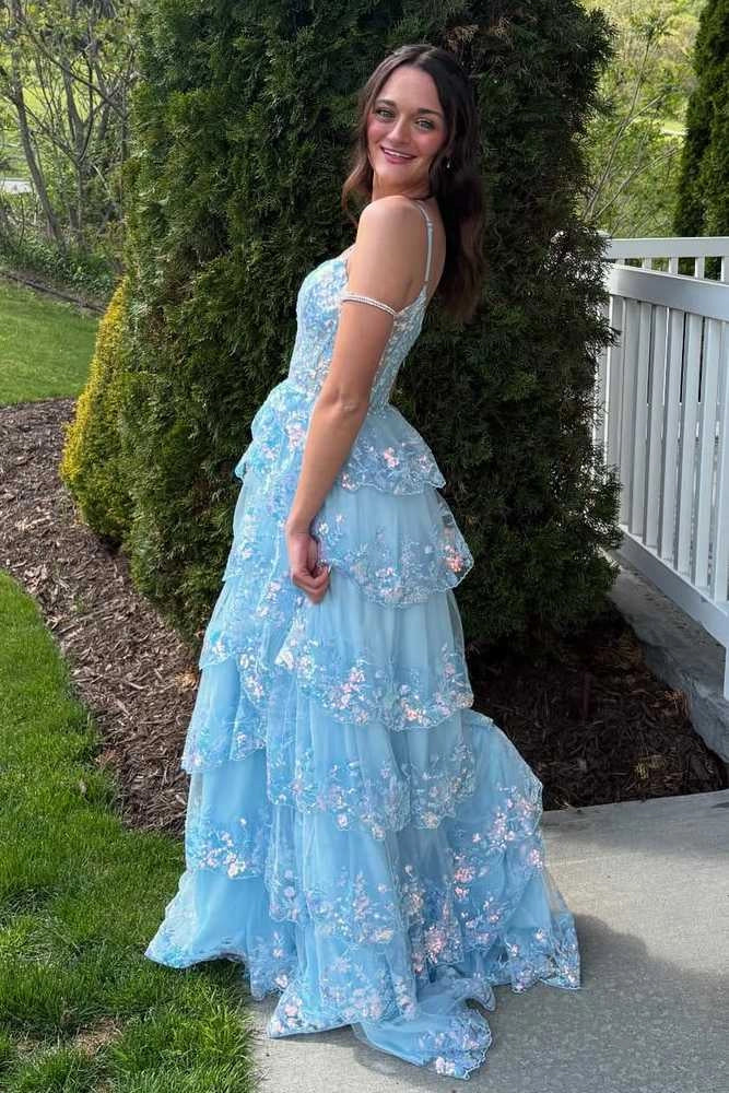 Dreamy A-Line Sweetheart Sleeveless V-Back Lace Tulle Floor-Length Tiered Prom Dress