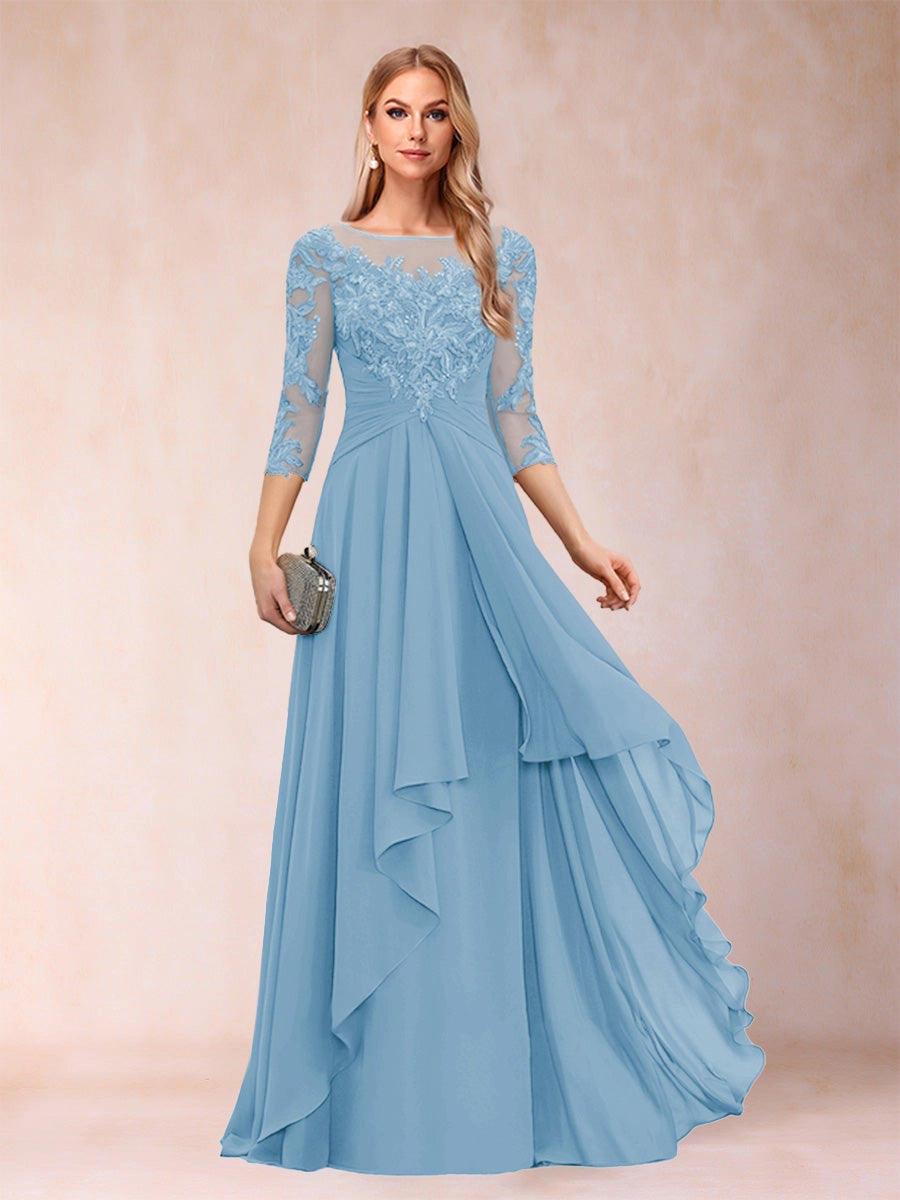 Elegant Slate-Blue A-Line Illusion-Neck Three-Quarter-Sleeve Zip-Back Floor-Length Mother of the Bride Dress