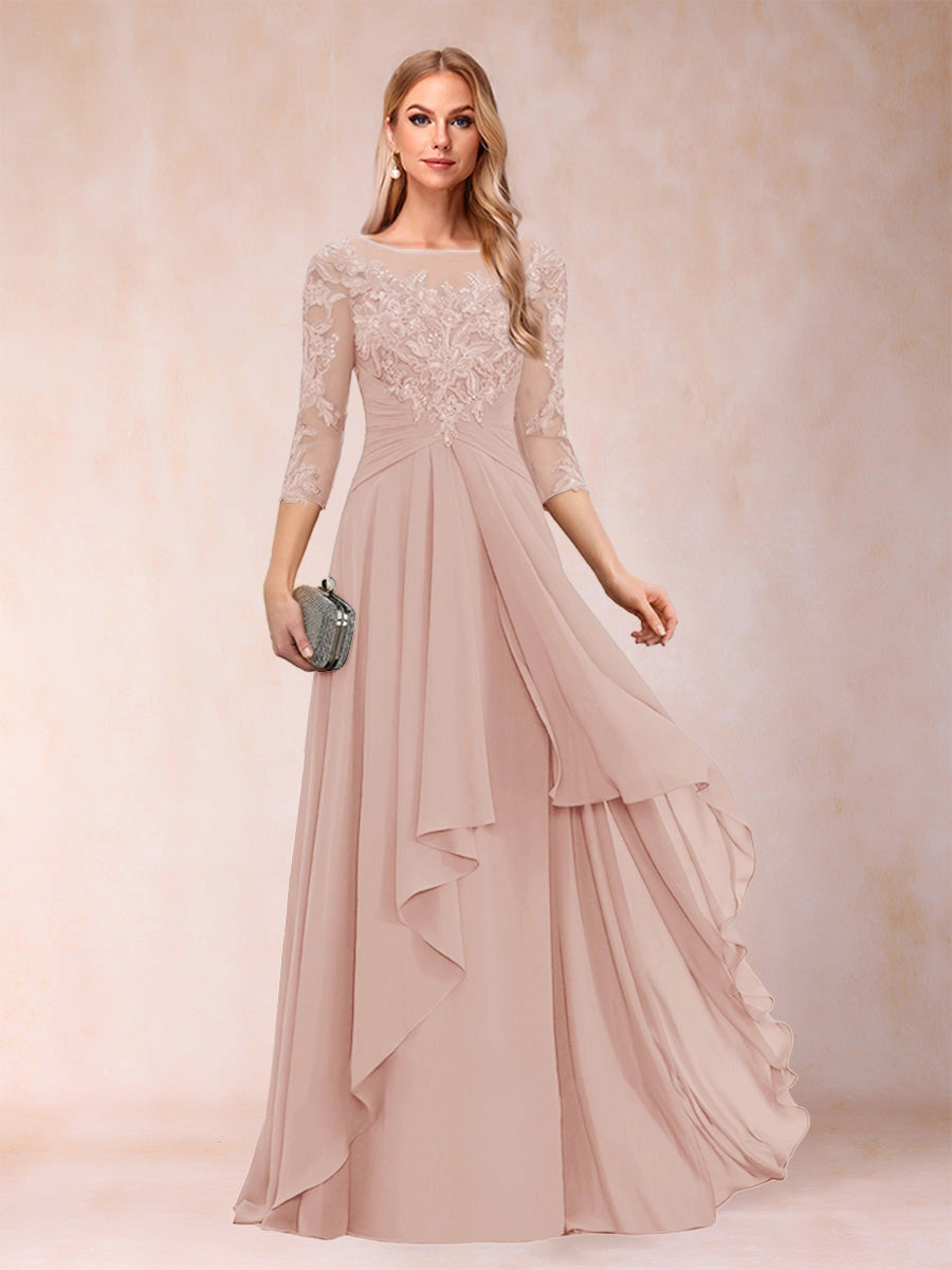 Elegant Slate-Blue A-Line Illusion-Neck Three-Quarter-Sleeve Zip-Back Floor-Length Mother of the Bride Dress