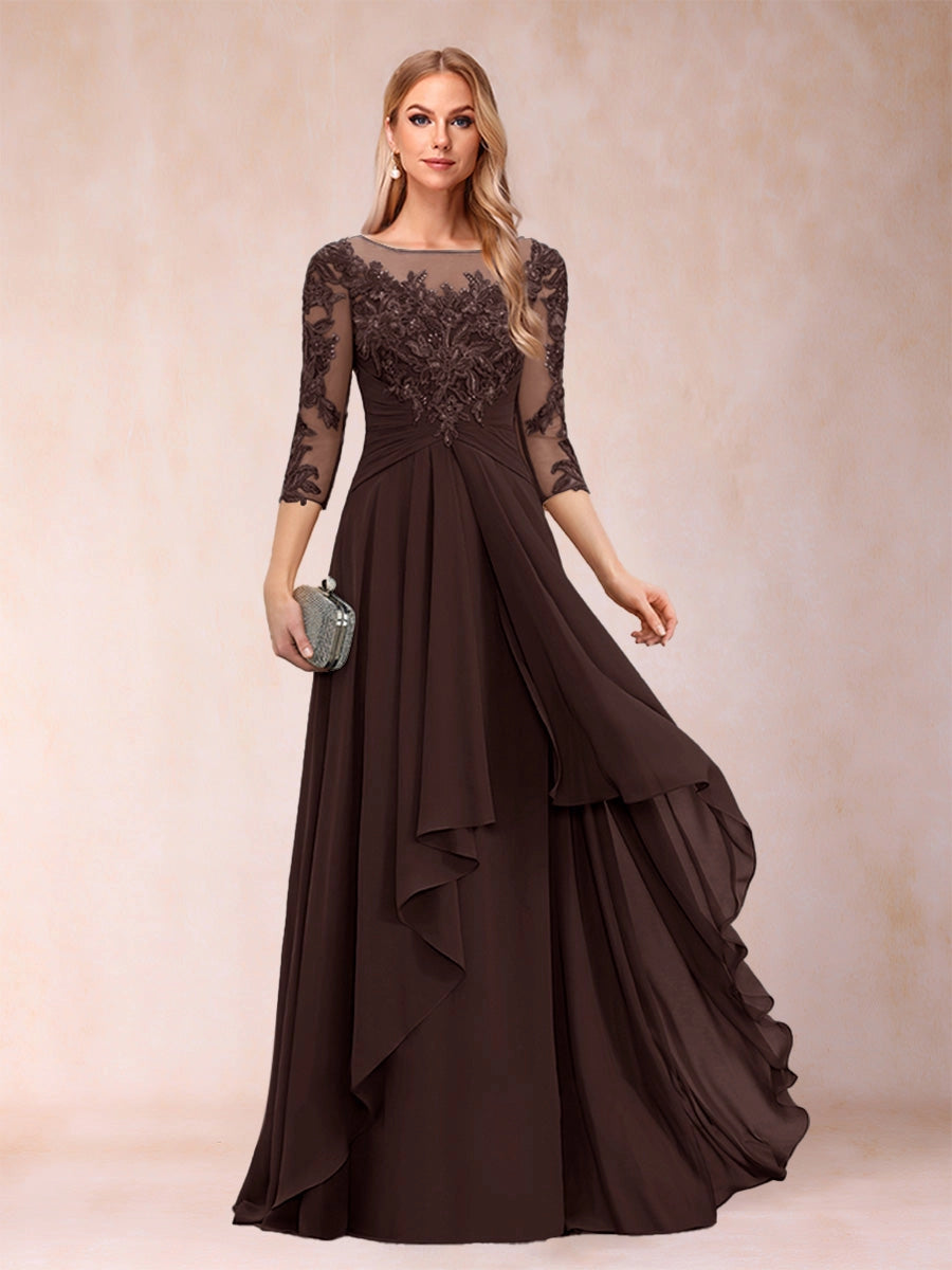 Elegant Slate-Blue A-Line Illusion-Neck Three-Quarter-Sleeve Zip-Back Floor-Length Mother of the Bride Dress