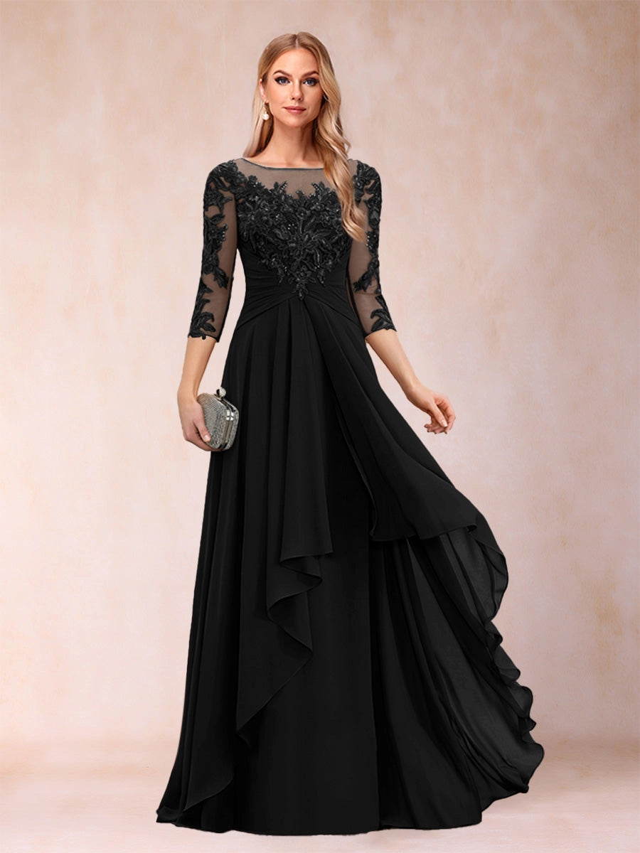 Elegant Slate-Blue A-Line Illusion-Neck Three-Quarter-Sleeve Zip-Back Floor-Length Mother of the Bride Dress