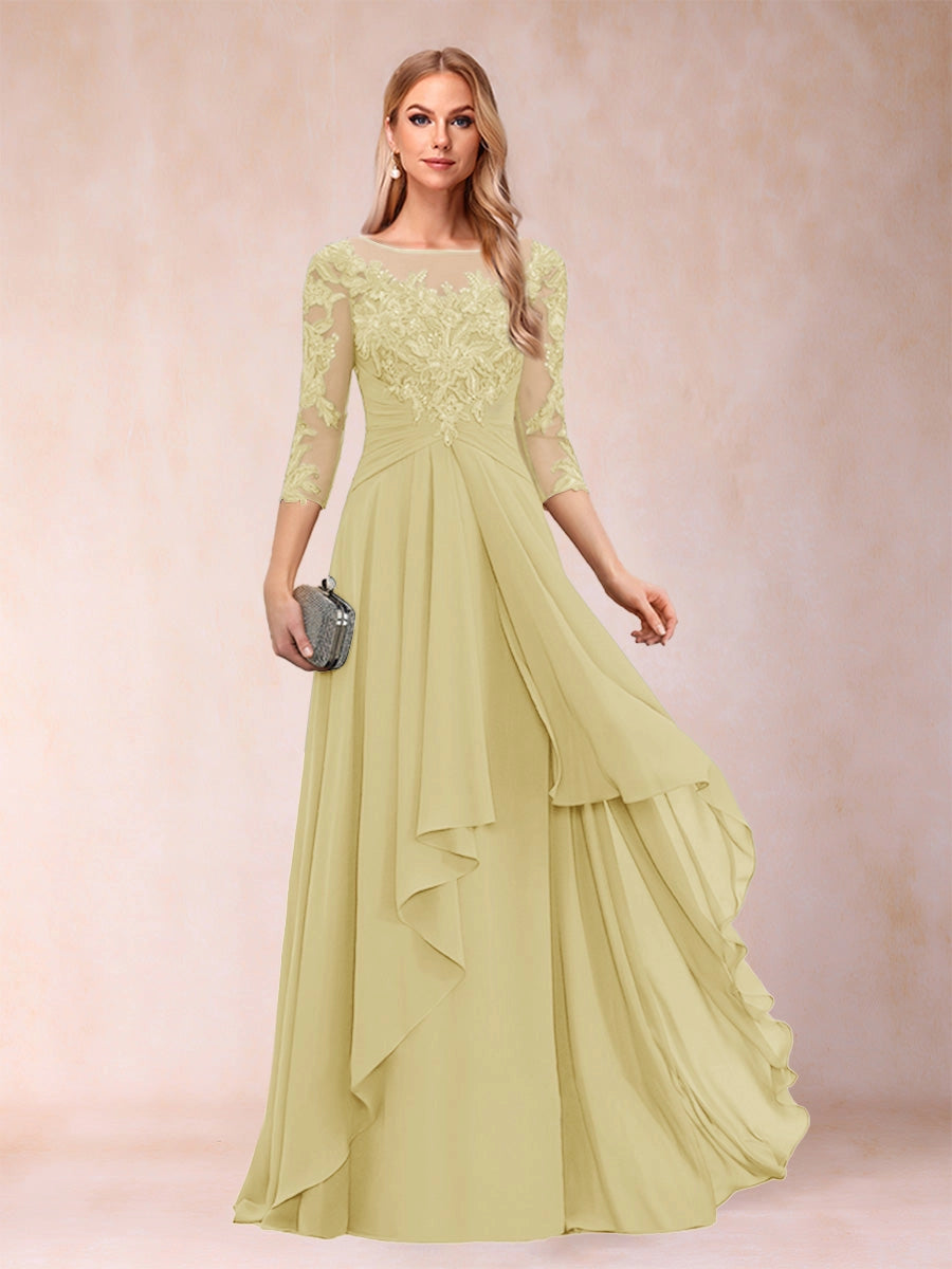 Elegant Slate-Blue A-Line Illusion-Neck Three-Quarter-Sleeve Zip-Back Floor-Length Mother of the Bride Dress