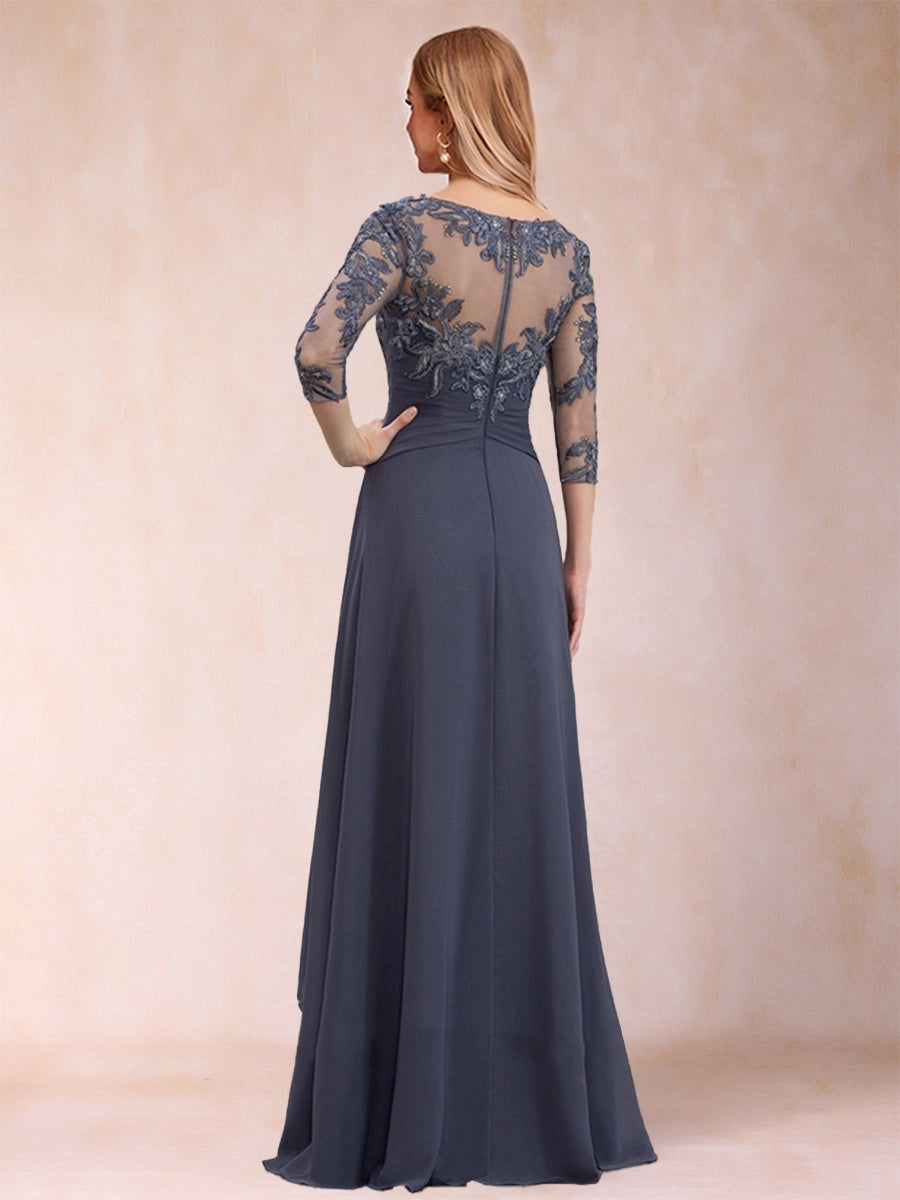Elegant Slate-Blue A-Line Illusion-Neck Three-Quarter-Sleeve Zip-Back Floor-Length Mother of the Bride Dress