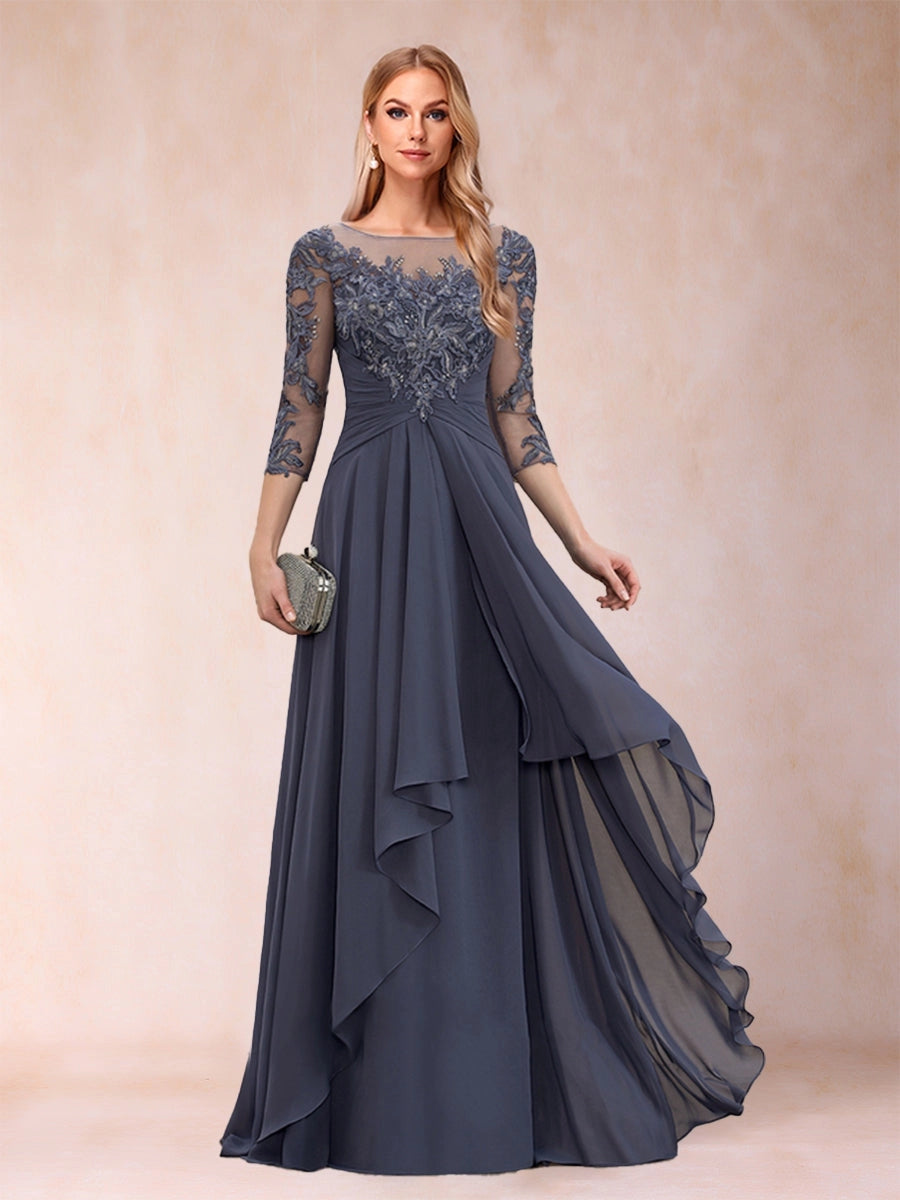Elegant Slate-Blue A-Line Illusion-Neck Three-Quarter-Sleeve Zip-Back Floor-Length Mother of the Bride Dress