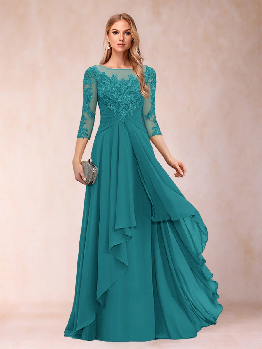 Elegant Slate-Blue A-Line Illusion-Neck Three-Quarter-Sleeve Zip-Back Floor-Length Mother of the Bride Dress