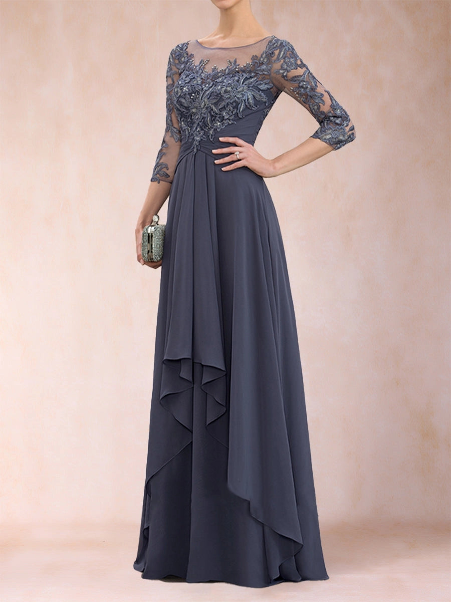 Elegant Slate-Blue A-Line Illusion-Neck Three-Quarter-Sleeve Zip-Back Floor-Length Mother of the Bride Dress