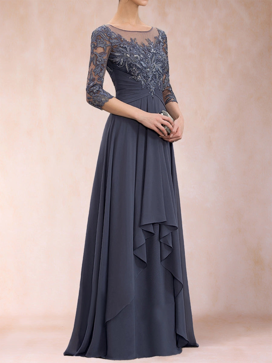 Elegant Slate-Blue A-Line Illusion-Neck Three-Quarter-Sleeve Zip-Back Floor-Length Mother of the Bride Dress