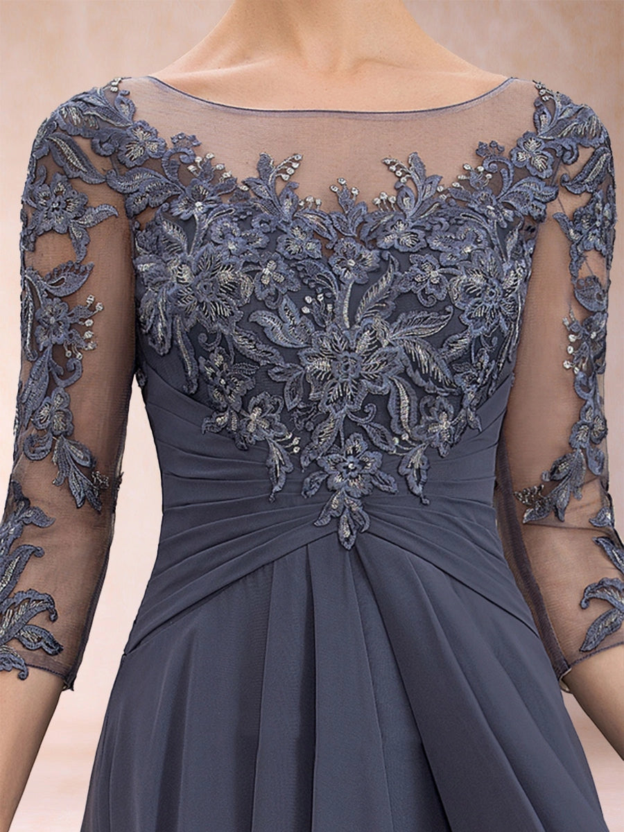 Elegant Slate-Blue A-Line Illusion-Neck Three-Quarter-Sleeve Zip-Back Floor-Length Mother of the Bride Dress