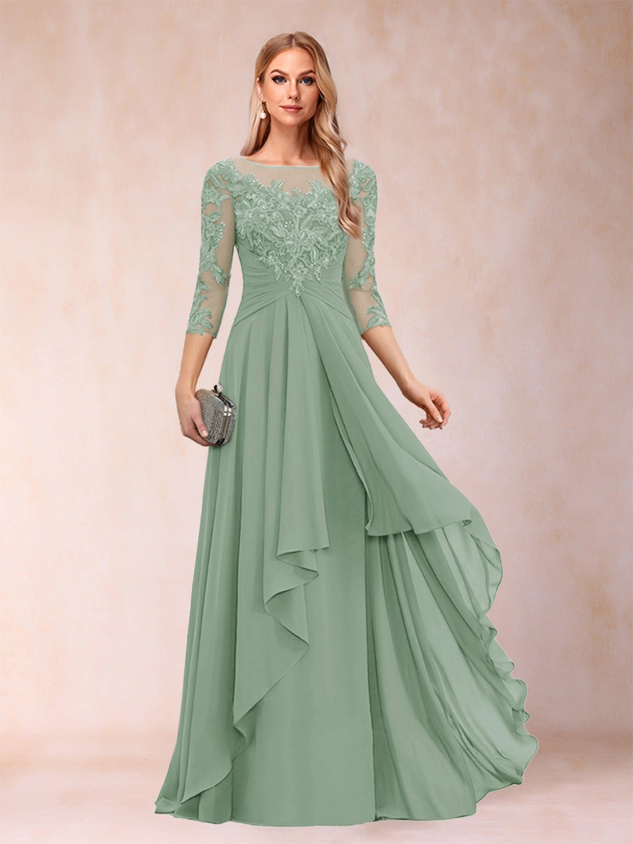 Elegant Slate-Blue A-Line Illusion-Neck Three-Quarter-Sleeve Zip-Back Floor-Length Mother of the Bride Dress