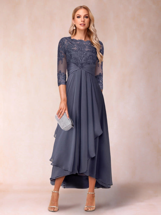 Front view of Loverlm slate blue Mother of the Bride Dress with embroidered lace bodice, sheer three-quarter sleeves, ruched waist and high-low skirt.