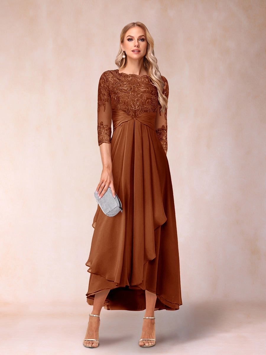 Elegant A-Line Boat-Neck Three-Quarter-Sleeve Zipper-Back High-Low Mother of the Bride Dress