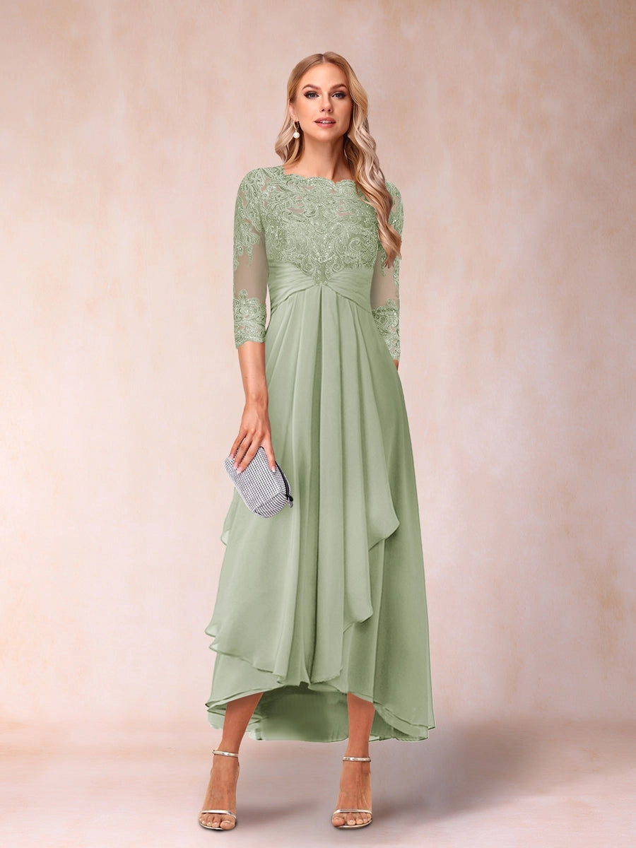 Elegant A-Line Boat-Neck Three-Quarter-Sleeve Zipper-Back High-Low Mother of the Bride Dress