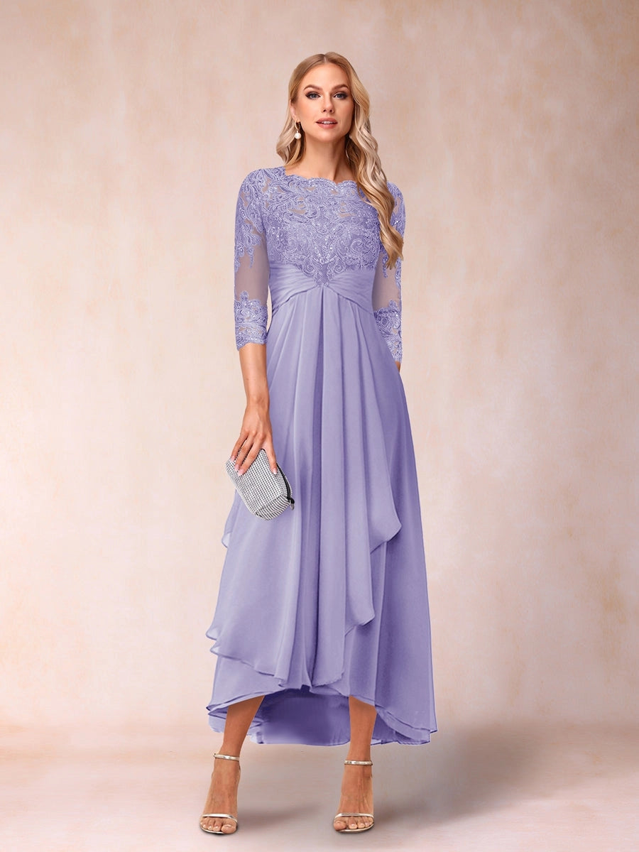 Elegant A-Line Boat-Neck Three-Quarter-Sleeve Zipper-Back High-Low Mother of the Bride Dress
