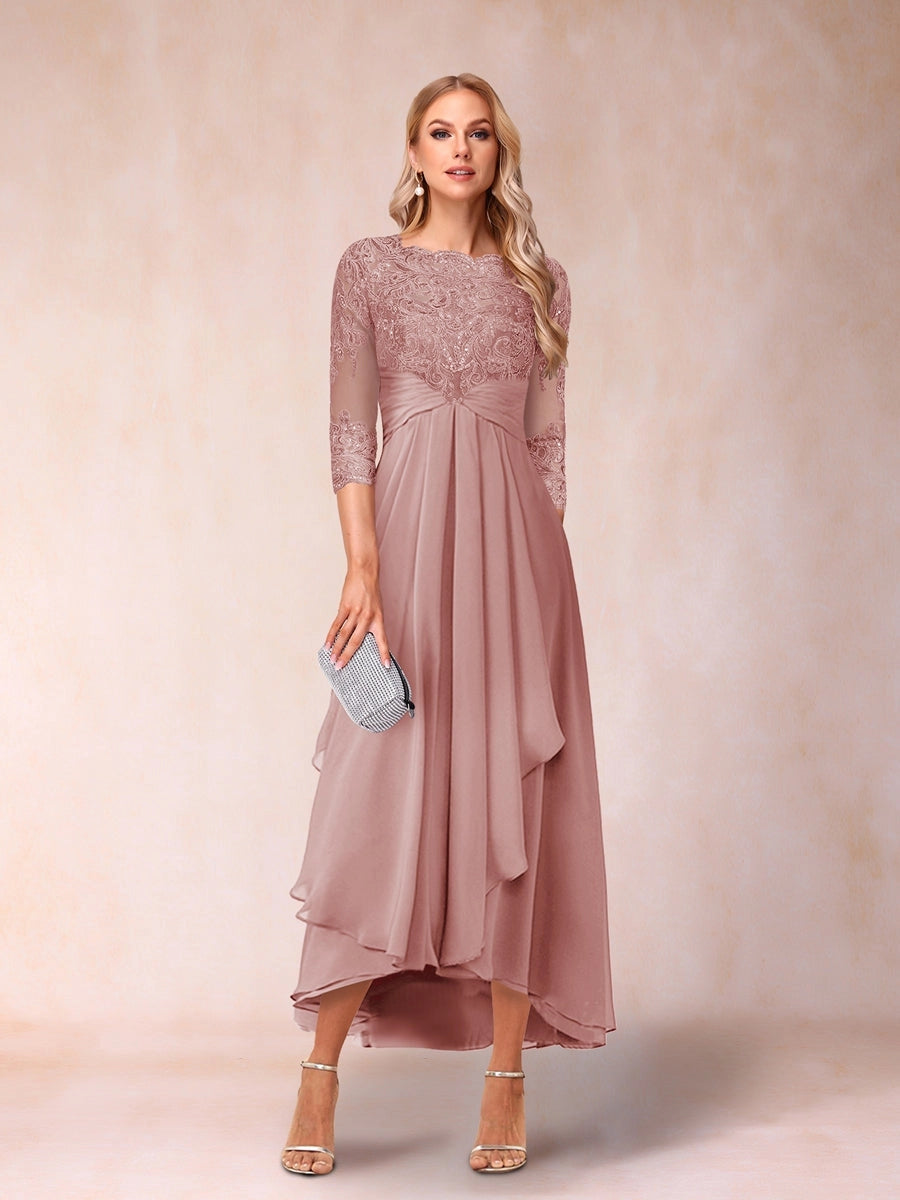 Elegant A-Line Boat-Neck Three-Quarter-Sleeve Zipper-Back High-Low Mother of the Bride Dress