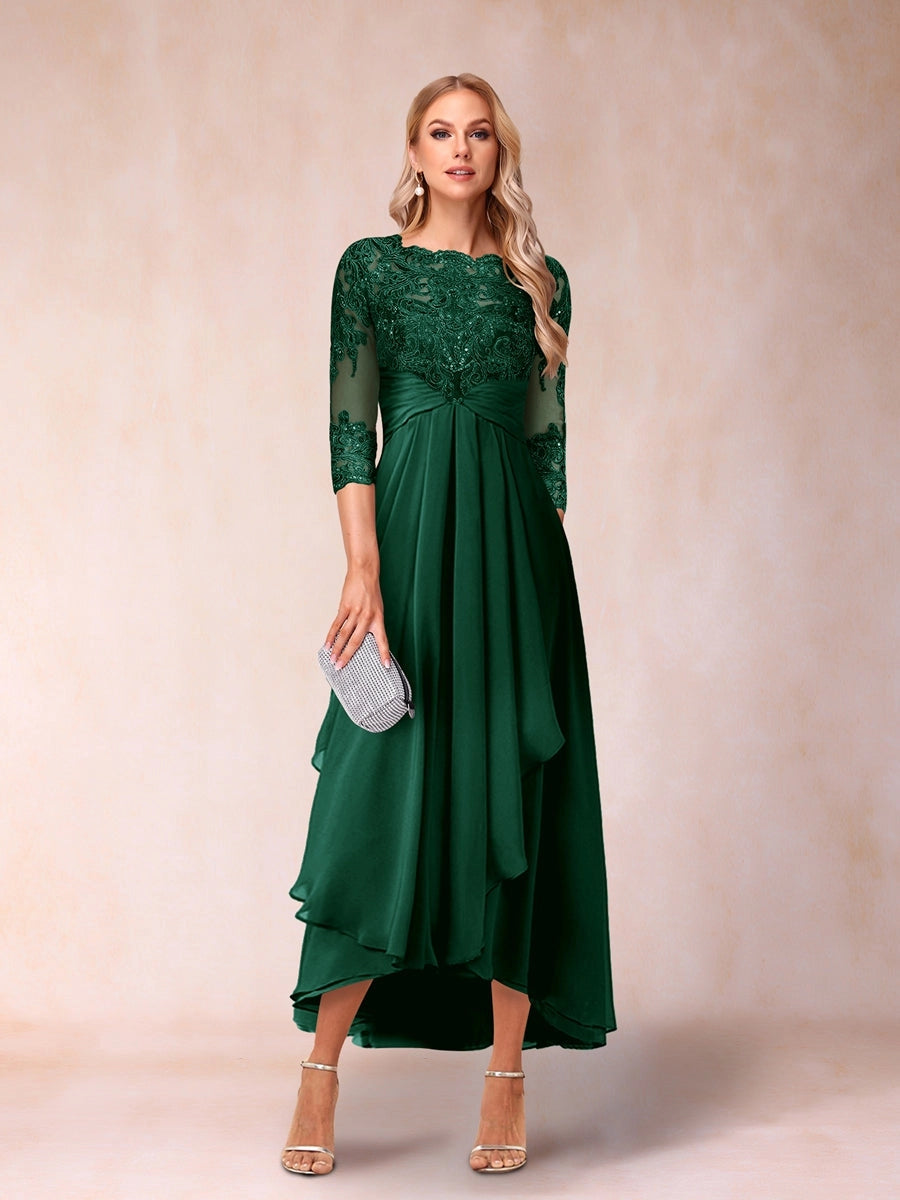 Elegant A-Line Boat-Neck Three-Quarter-Sleeve Zipper-Back High-Low Mother of the Bride Dress