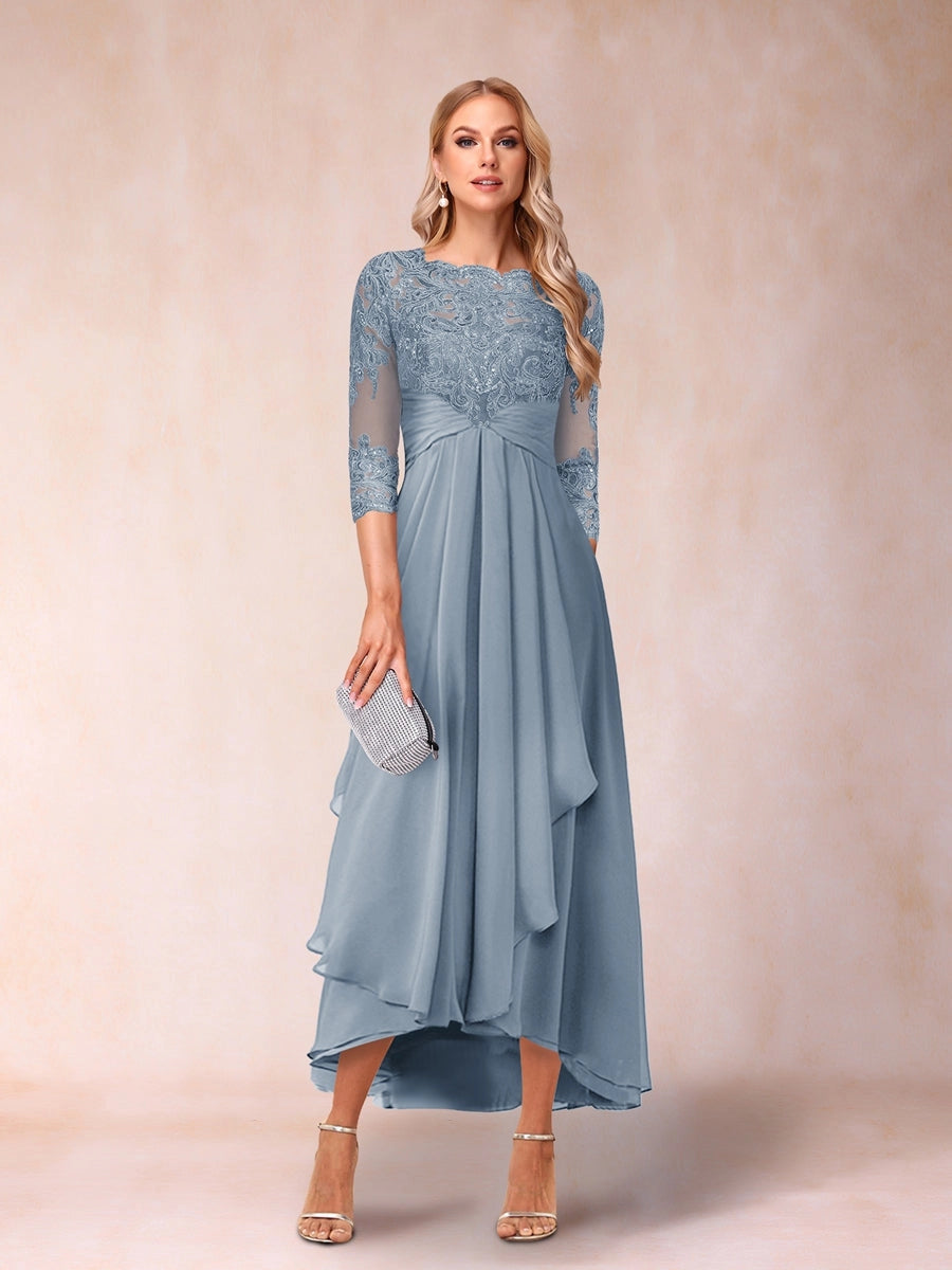 Elegant A-Line Boat-Neck Three-Quarter-Sleeve Zipper-Back High-Low Mother of the Bride Dress